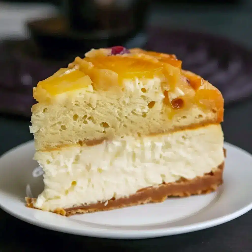 A slice of Pineapple Upside Down Cheesecake Cake with caramelized pineapple rings, cherries, and a creamy cheesecake layer on a white plate.