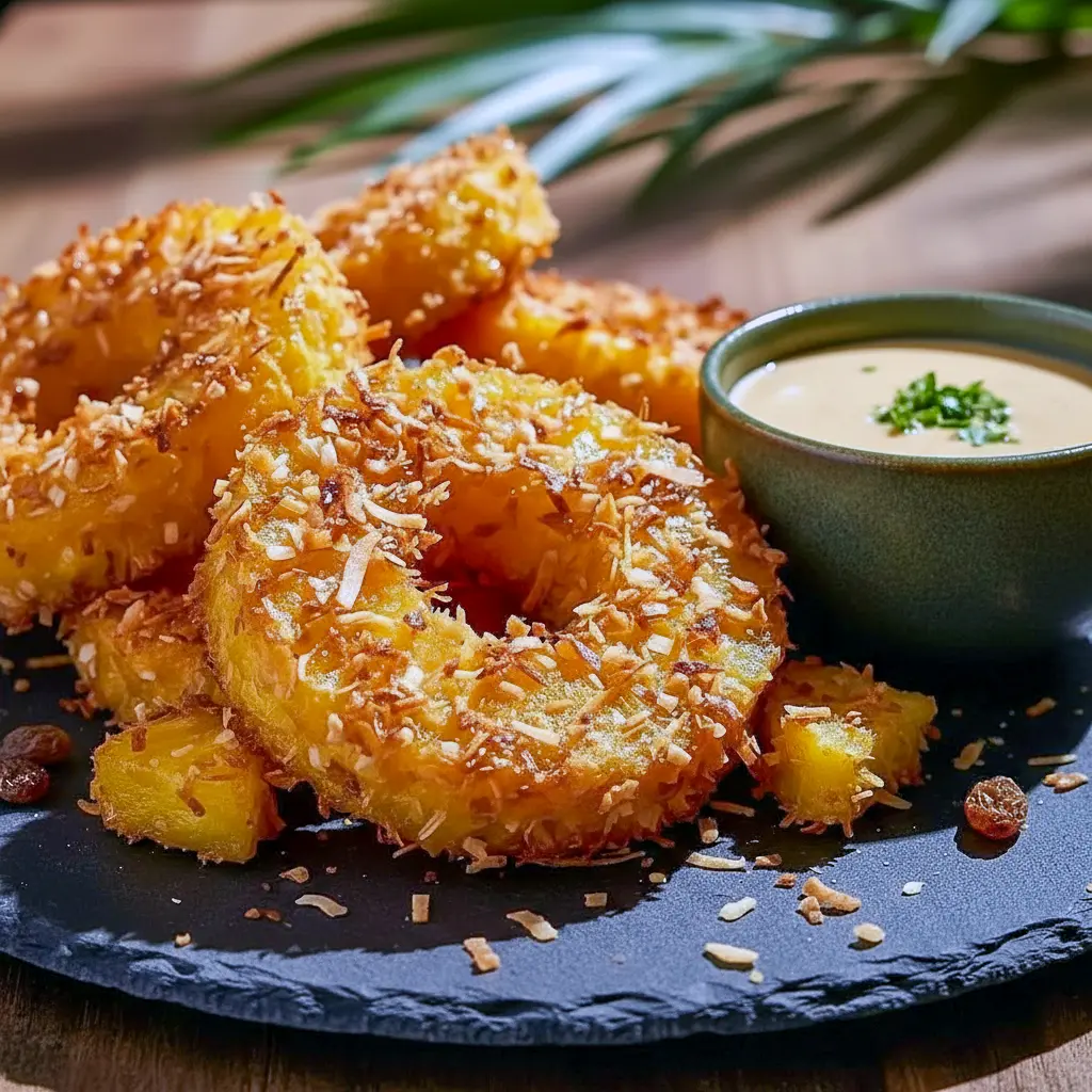 Close-up of crispy Fried Pineapple slices with toasted coconut crust, drizzled glaze, and a small bowl of rum cream dip — a tempting Rum Soaked Pineapple treat ideal for Tropical Appetizers.