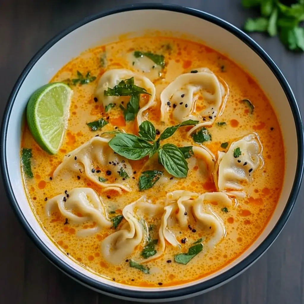 Steaming bowl of red curry pot sticker soup with plump dumplings, mushrooms, wilted greens, sliced red chili, cilantro, and a lime wedge on the side, Pot Stickers Soup Recipe.