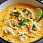 Steaming bowl of red curry pot sticker soup with plump dumplings, mushrooms, wilted greens, sliced red chili, cilantro, and a lime wedge on the side, Pot Stickers Soup Recipe.