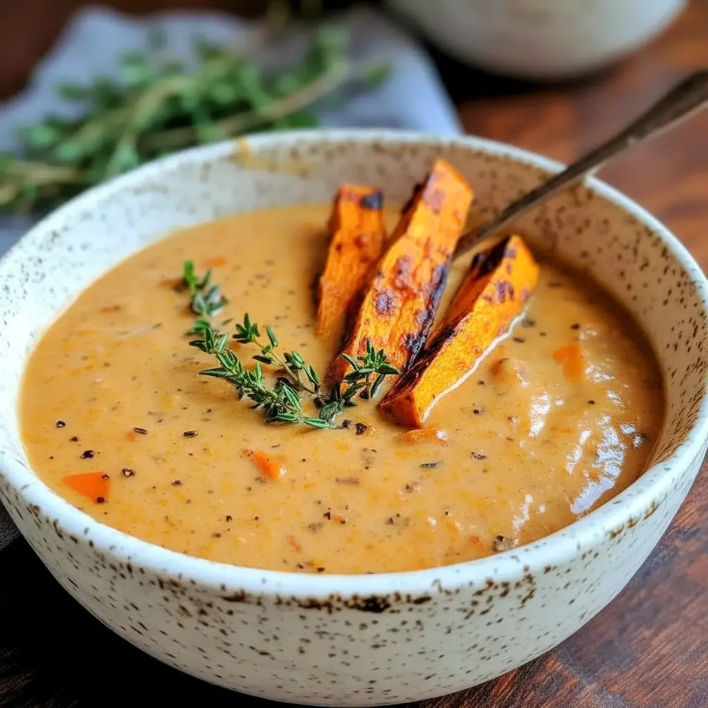Cozy Soup — bowl of creamy roasted Italian sweet potato soup garnished with thyme and roasted potato wedges, ready to serve.