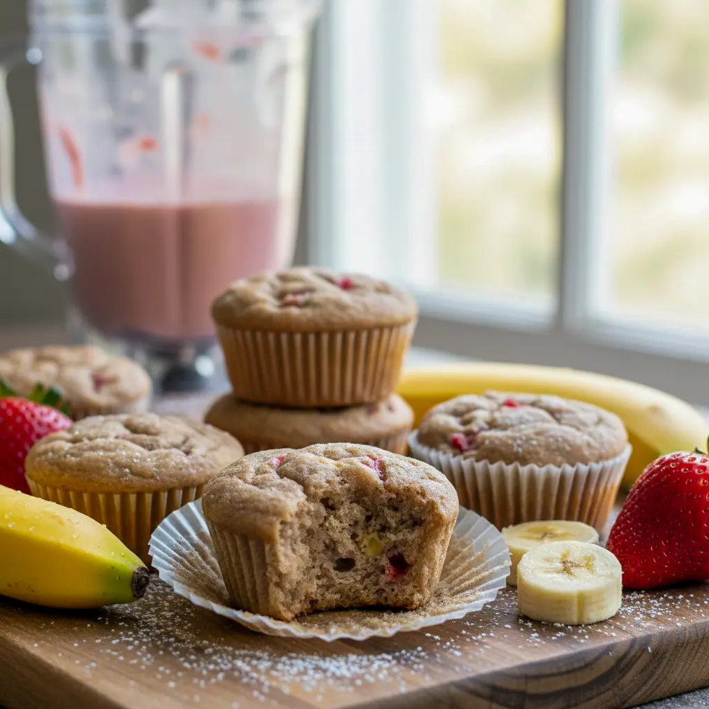Plate of Healthy Blender Muffins — strawberry-banana mini muffins in silicone liners with golden tops and a few fresh berries beside them.