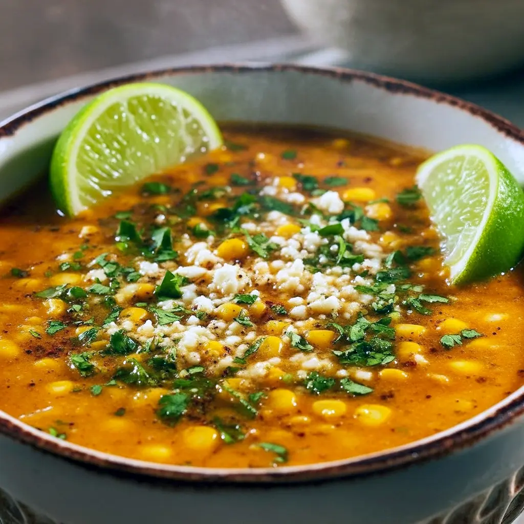 Warm bowl of street corn chicken chili topped with cilantro, crumbled cheese, and a lime wedge on a rustic wooden table, Street Corn Chicken Chili Recipe.