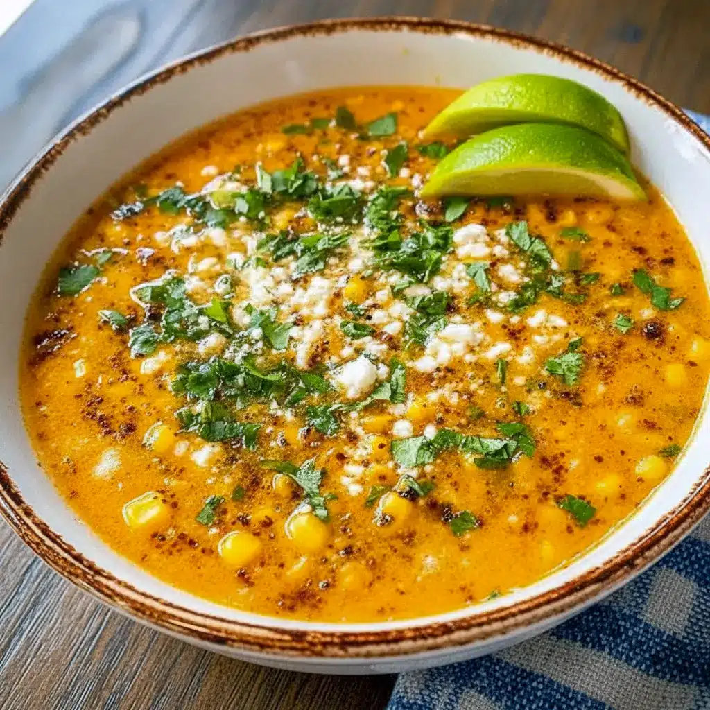 Warm bowl of street corn chicken chili topped with cilantro, crumbled cheese, and a lime wedge on a rustic wooden table, Street Corn Chicken Chili Recipe.