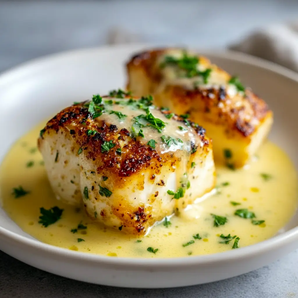 Close-up of a golden halibut fillet drizzled with lemon beurre blanc, plated with roasted baby potatoes and asparagus — perfect for Halibut Side Dishes, great inspiration for Easy Baked Halibut Recipes, and a top Halibut Sauce Recipes to copy, Best Halibut Ever.
