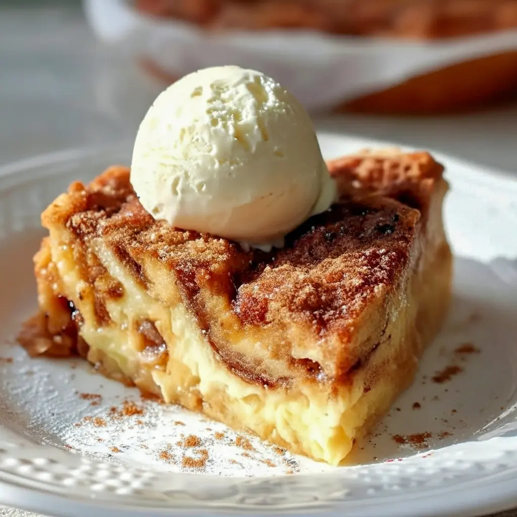 Slice of Eggnog Bread Pudding with a golden cinnamon-sugar top, gooey brioche center, and a generous drizzle of warm eggnog sauce, dusted with nutmeg.