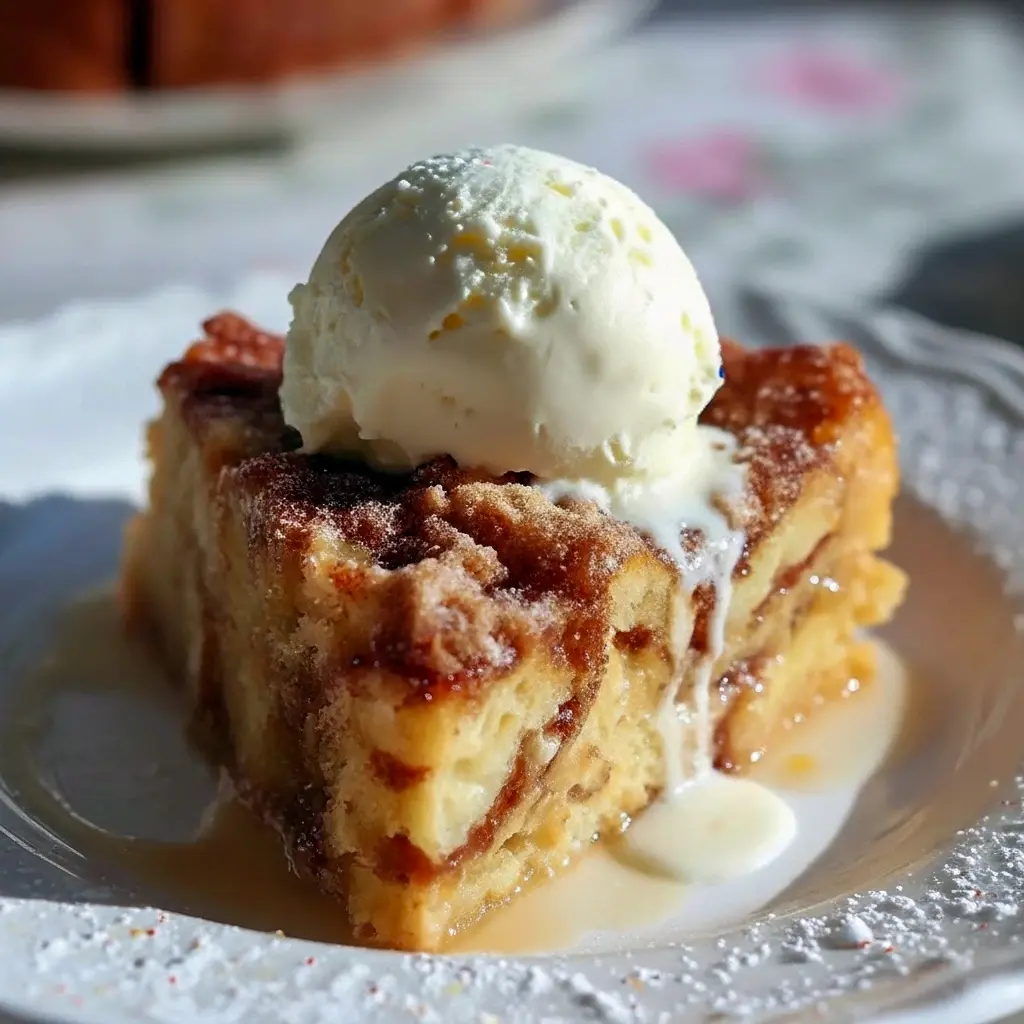 Slice of Eggnog Bread Pudding with a golden cinnamon-sugar top, gooey brioche center, and a generous drizzle of warm eggnog sauce, dusted with nutmeg.