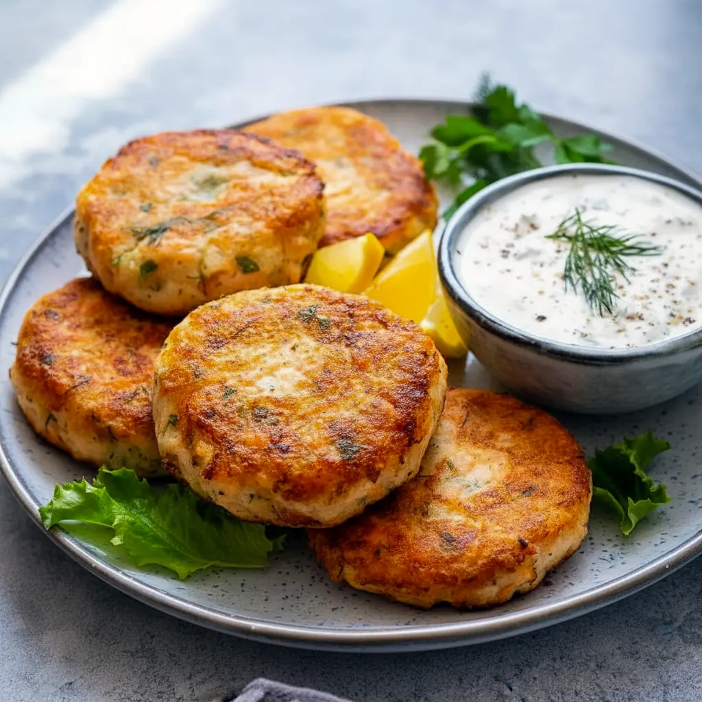 Easy Salmon Cakes stacked on a plate, crisp golden exterior, visible mashed-potato center, garnished with chopped chives and a small bowl of garlic-chive yogurt sauce.