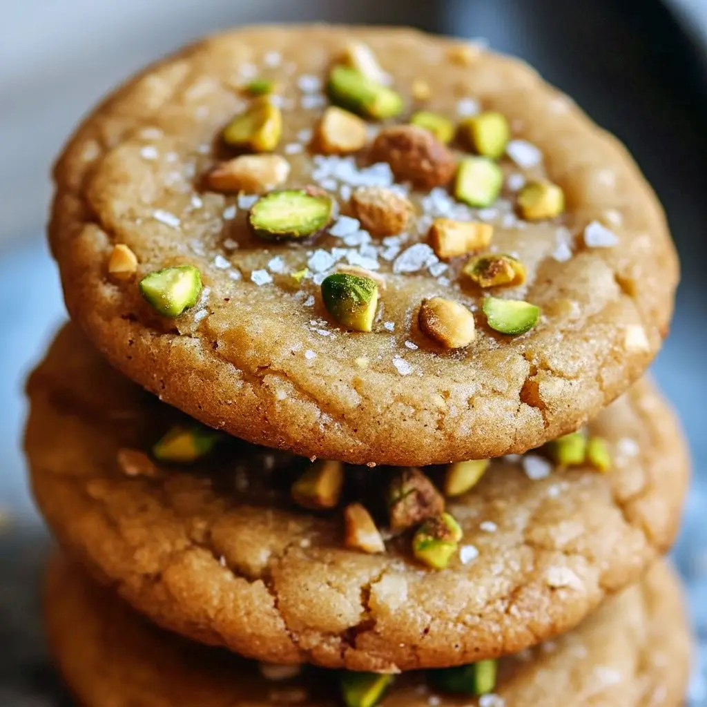 Golden Honey Pistachio Cookies dotted with chopped pistachios and a sprinkle of flaky sea salt on parchment paper.