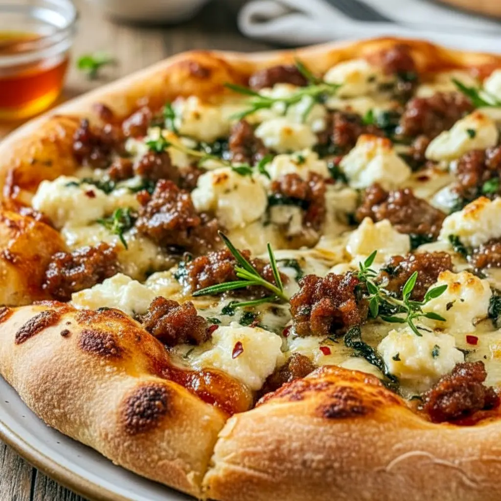 Homemade Pizza close-up: golden crust topped with crumbled sausage, ricotta dollops, melted mozzarella and a glossy hot-honey drizzle, garnished with basil.