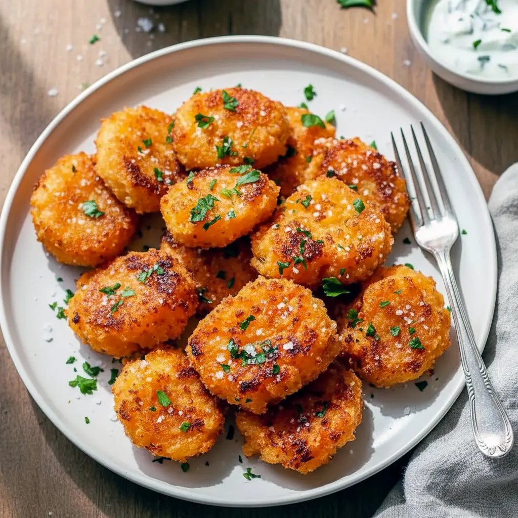 Close-up of golden, crispy smashed carrots topped with grated Parmesan and parsley — Healthy Yummy Side Dishes.