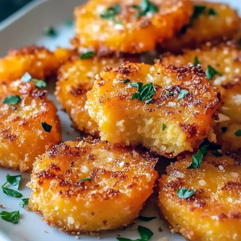 Close-up of golden, crispy smashed carrots topped with grated Parmesan and parsley — Healthy Yummy Side Dishes.