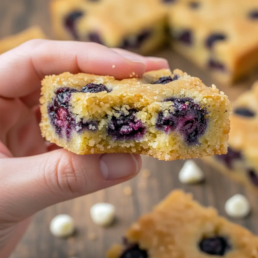 Plate of fudgy White Chocolate Blondies dotted with fresh blueberries and white chocolate chunks, cut into squares and stacked on parchment.