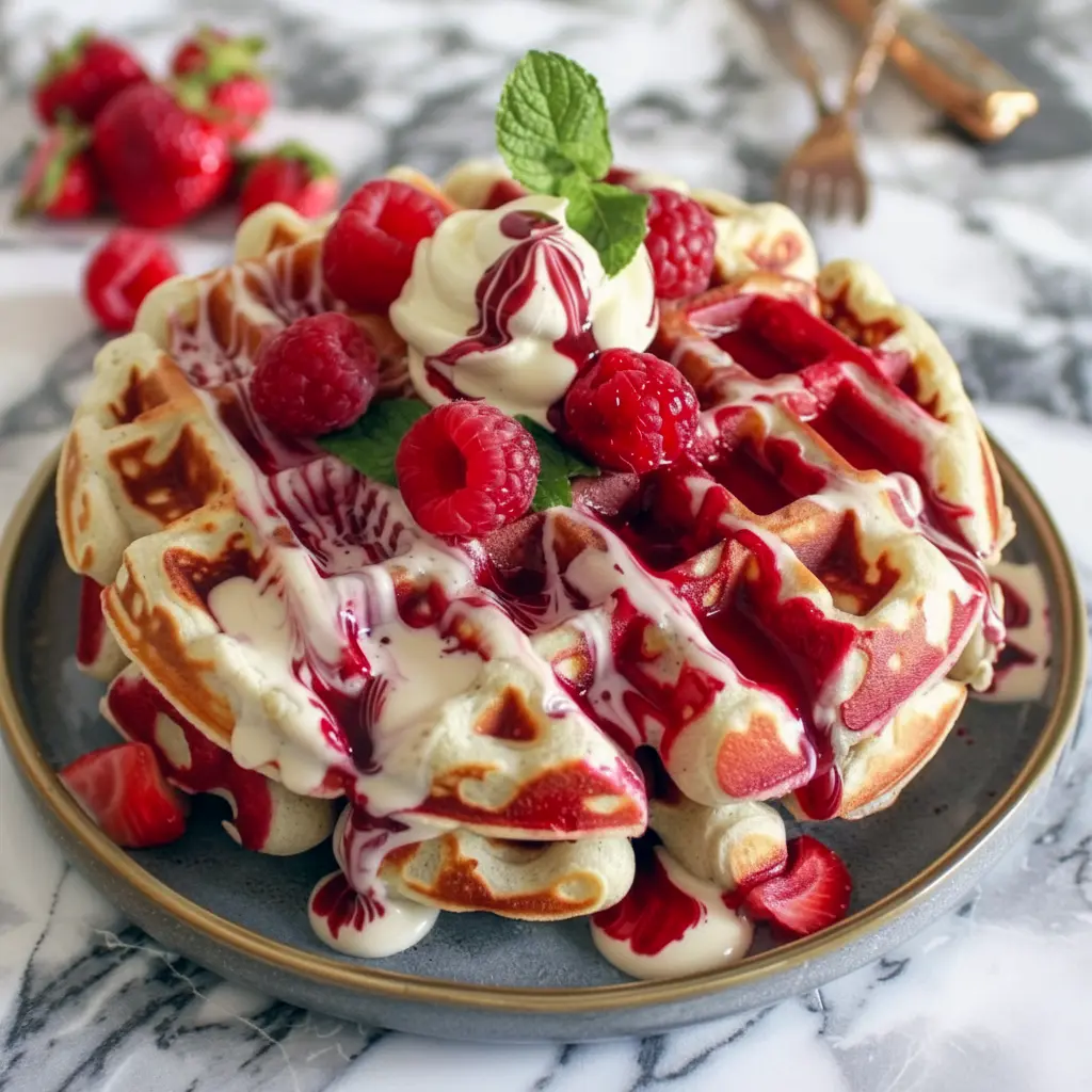Waffle Recipes close-up of a red velvet marble waffle stacked with whipped cream and raspberries — a vibrant Breakfast Treats shot ready for brunch.