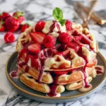 Waffle Recipes close-up of a red velvet marble waffle stacked with whipped cream and raspberries — a vibrant Breakfast Treats shot ready for brunch.