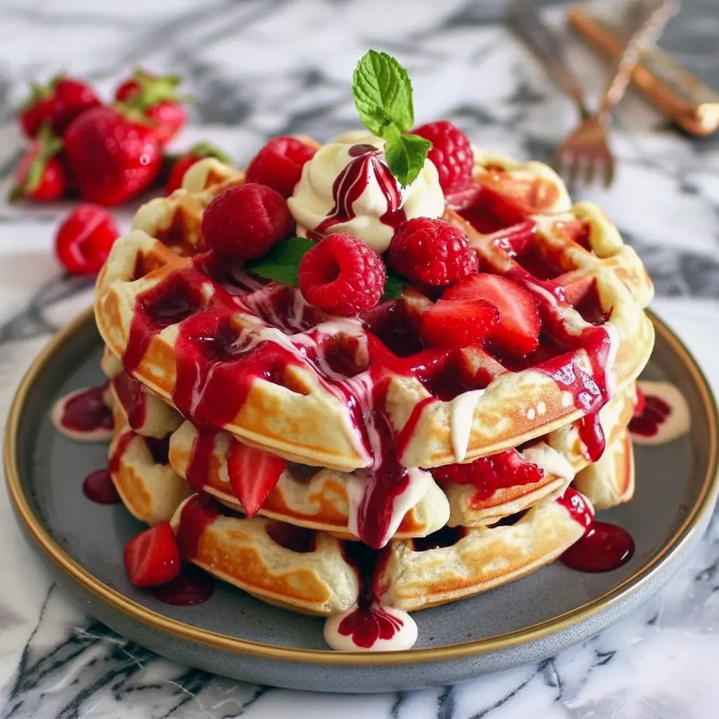 Waffle Recipes close-up of a red velvet marble waffle stacked with whipped cream and raspberries — a vibrant Breakfast Treats shot ready for brunch.