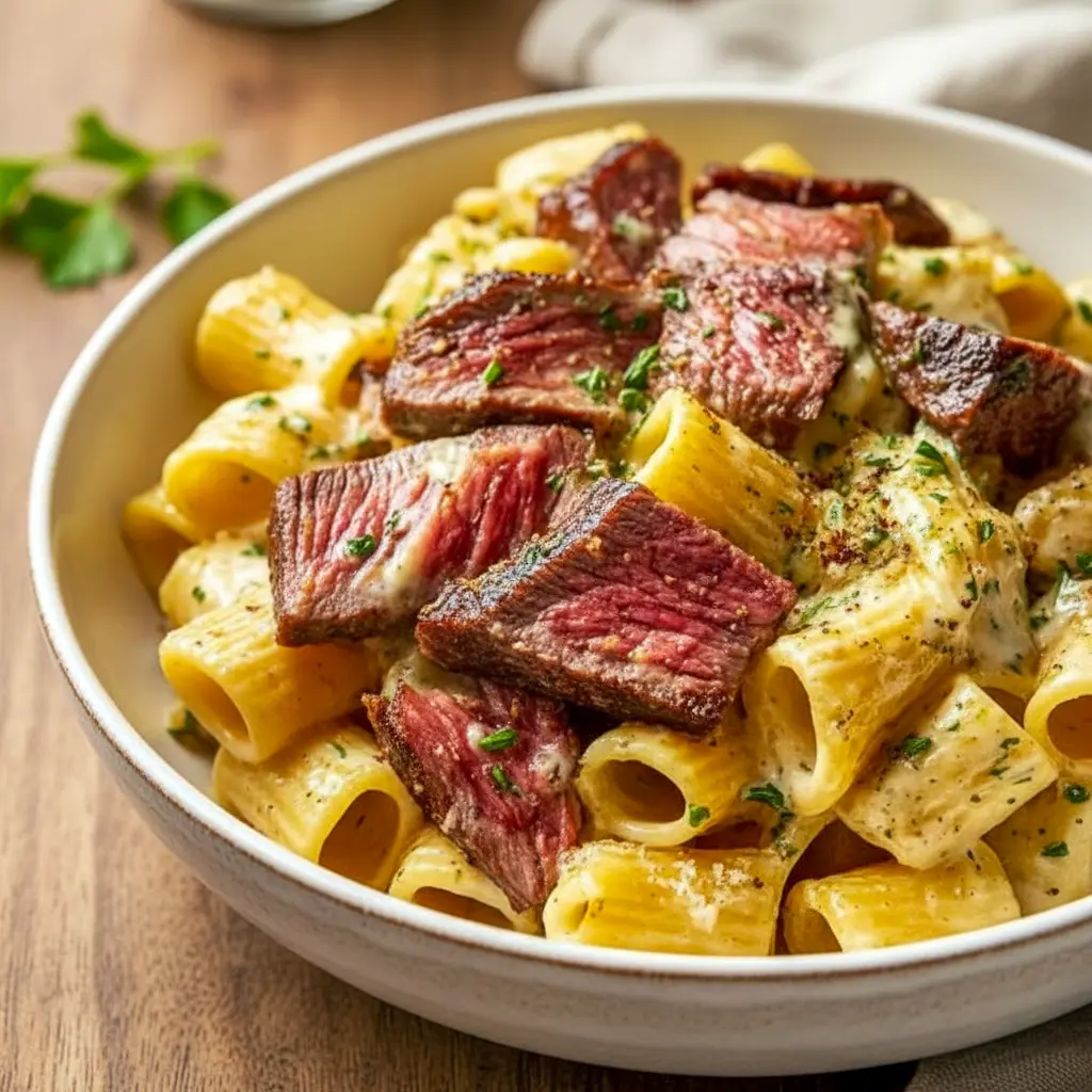 Close-up of sliced Cowboy Butter Steak over rigatoni coated in glossy herb-butter, topped with parsley and chili flakes — a tasty image for Best Dinner Ideas, perfect inspiration for Tuesday Dinner Ideas or bold Steak Meal Ideas, Cowboy Butter Steak Pasta.