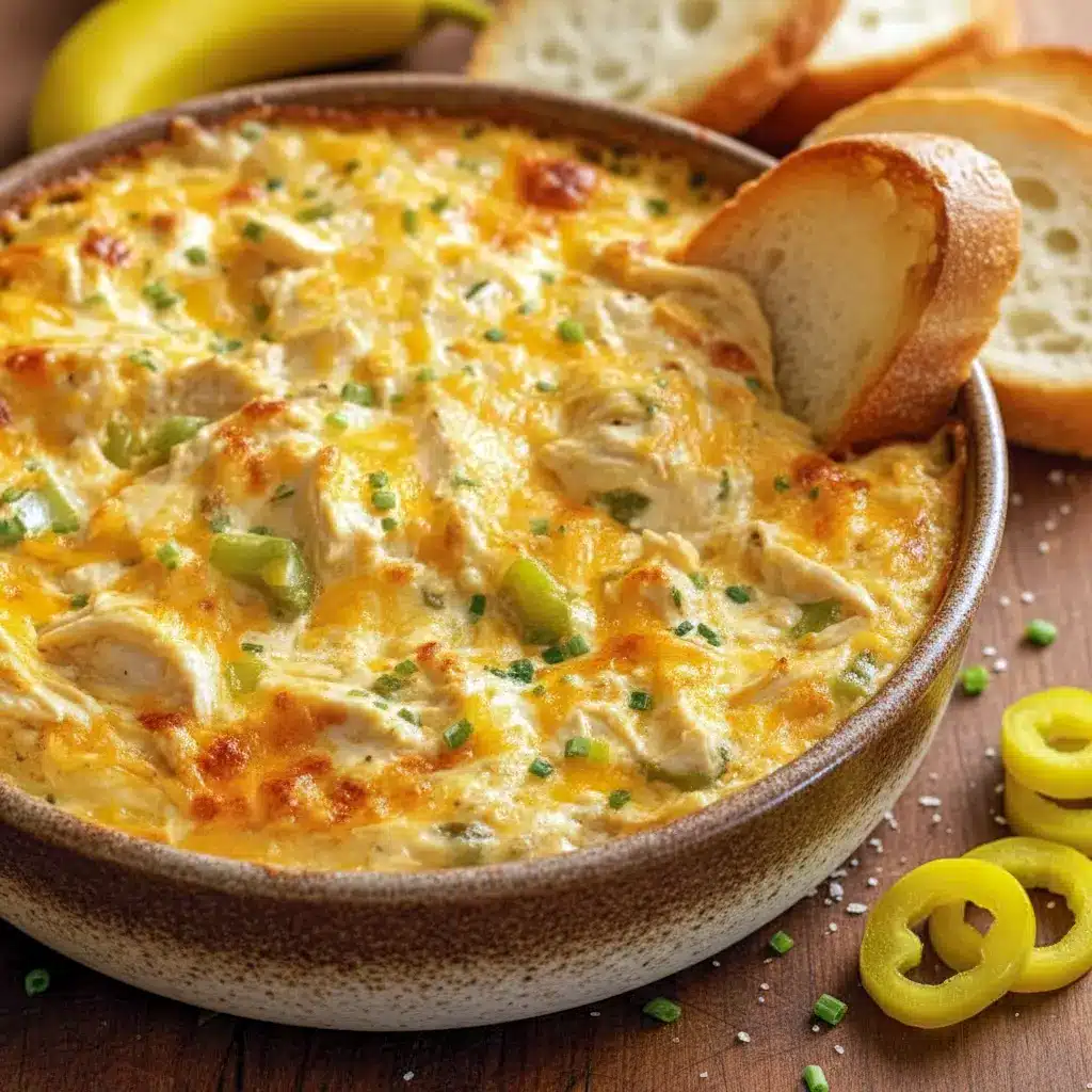 Bubbling Creamy Banana Pepper Chicken Dip in a small baking dish, melted golden cheese with visible banana pepper bits and a bowl of chips on the side — perfect Game Day Food and a top Party Food Appetizers choice.