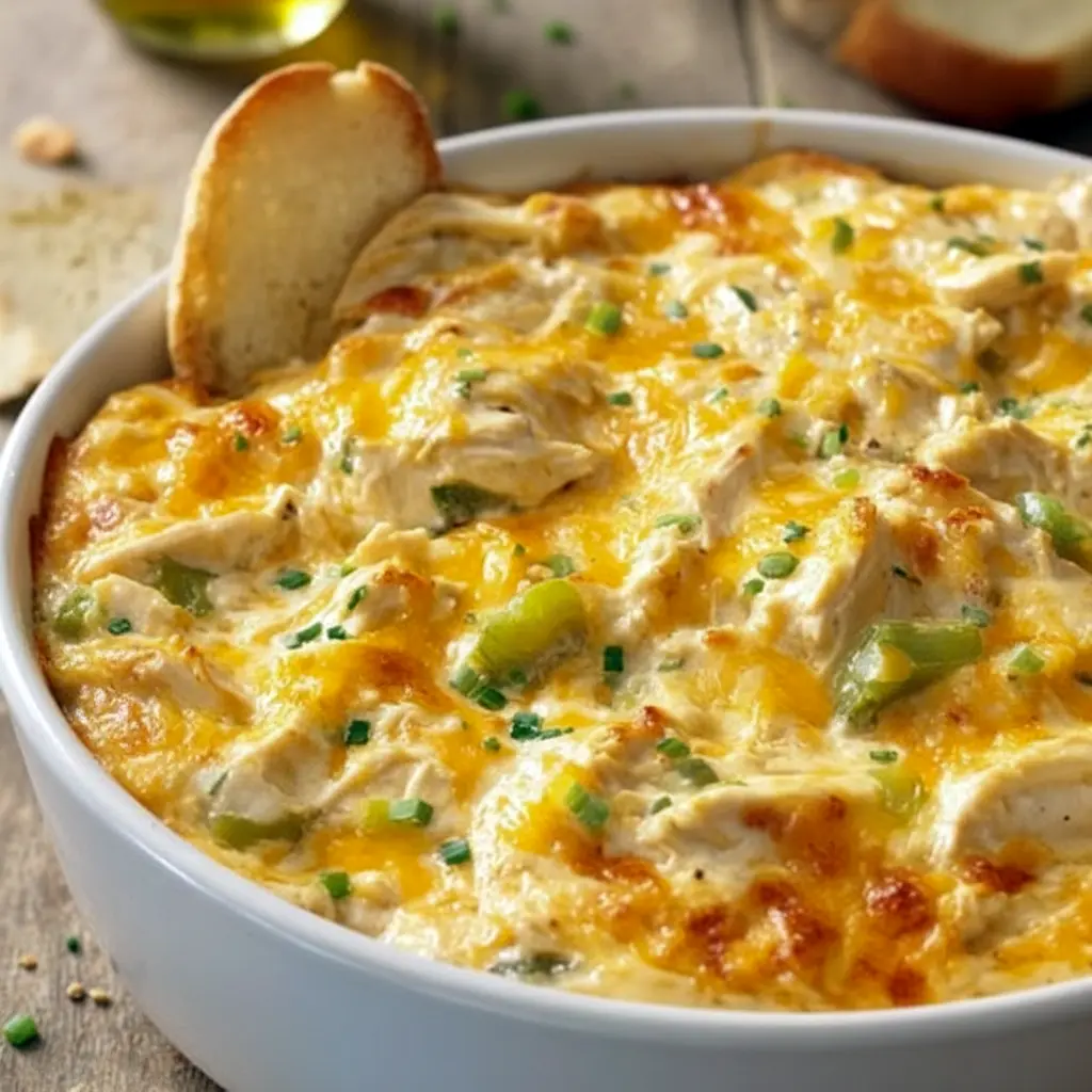 Bubbling Creamy Banana Pepper Chicken Dip in a small baking dish, melted golden cheese with visible banana pepper bits and a bowl of chips on the side — perfect Game Day Food and a top Party Food Appetizers choice.