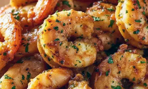 Dinner Recipe With Shrimp — golden garlic-Parmesan roasted shrimp on a white plate garnished with chopped parsley and lemon wedges.