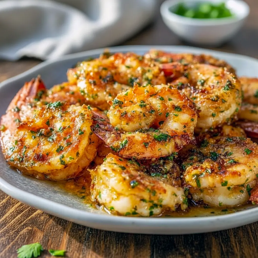 Dinner Recipe With Shrimp — golden garlic-Parmesan roasted shrimp on a white plate garnished with chopped parsley and lemon wedges.