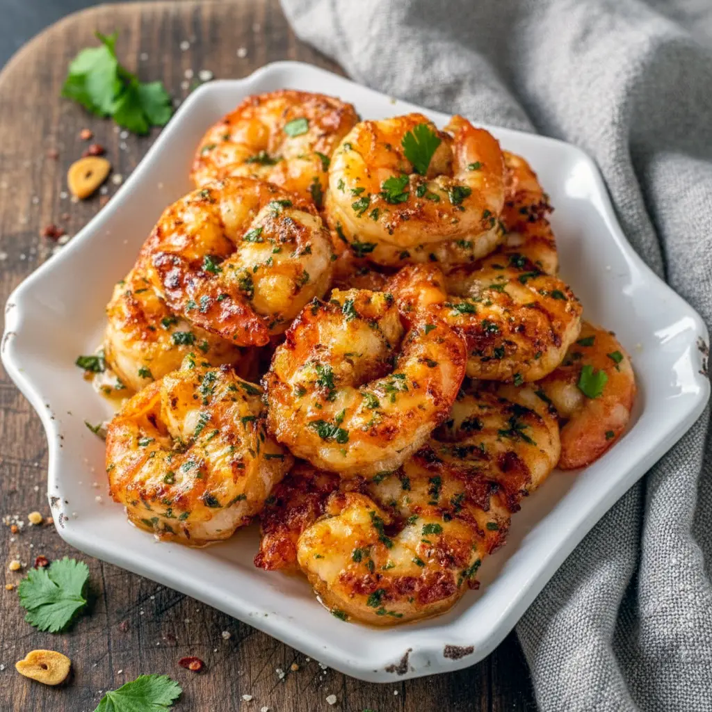 Dinner Recipe With Shrimp — golden garlic-Parmesan roasted shrimp on a white plate garnished with chopped parsley and lemon wedges.