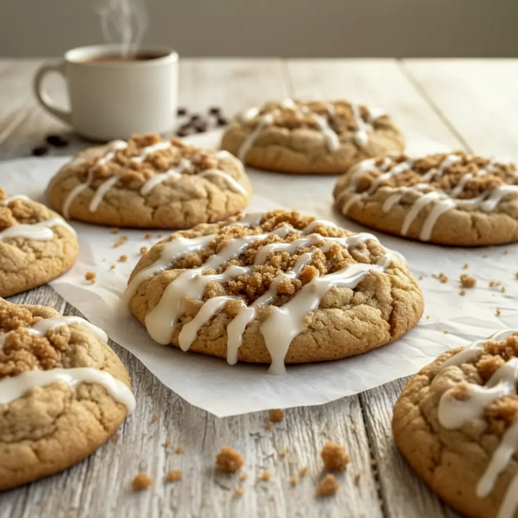 Coffee Cake Cookies on a wire rack: golden, streusel-topped cookies with a glossy icing drizzle, styled beside a steaming mug of coffee.