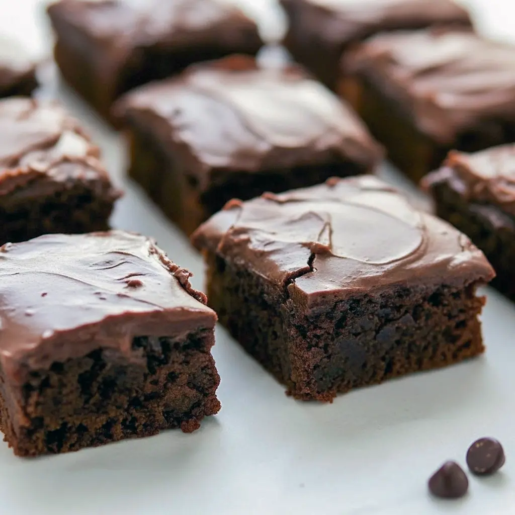Close-up of chilled, fudge-like chocolate brownies cut into squares on parchment paper, Sweets That Are Healthy.