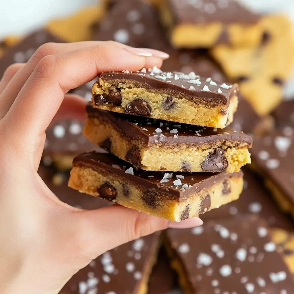 Close-up of Gluten Free Cookie Dough Bark pieces with glossy chocolate and flaky salt — a chewy, crunchy Non-dairy Cookie Dough Dessert that’s also a Dairy Free Sugar Free Dessert and fits Healthy Desserts Low Carb snack goals, Easy Gluten Free Vegan Dessert.