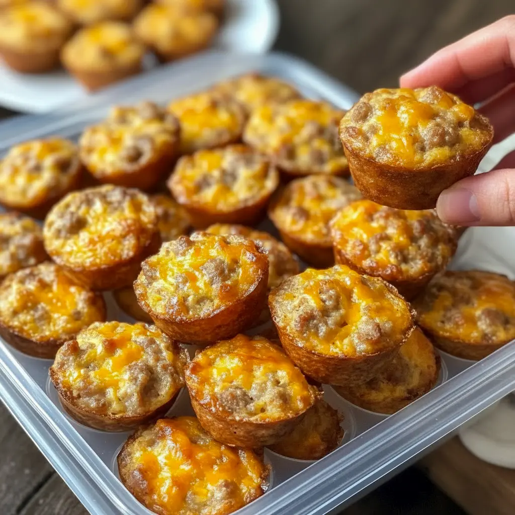 Easy Prep Breakfast — golden mini muffins studded with browned sausage and melted cheese on a wire rack, ready for grab-and-go mornings.