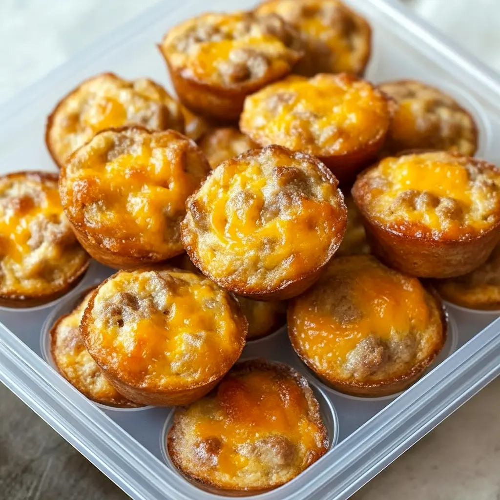 Easy Prep Breakfast — golden mini muffins studded with browned sausage and melted cheese on a wire rack, ready for grab-and-go mornings.