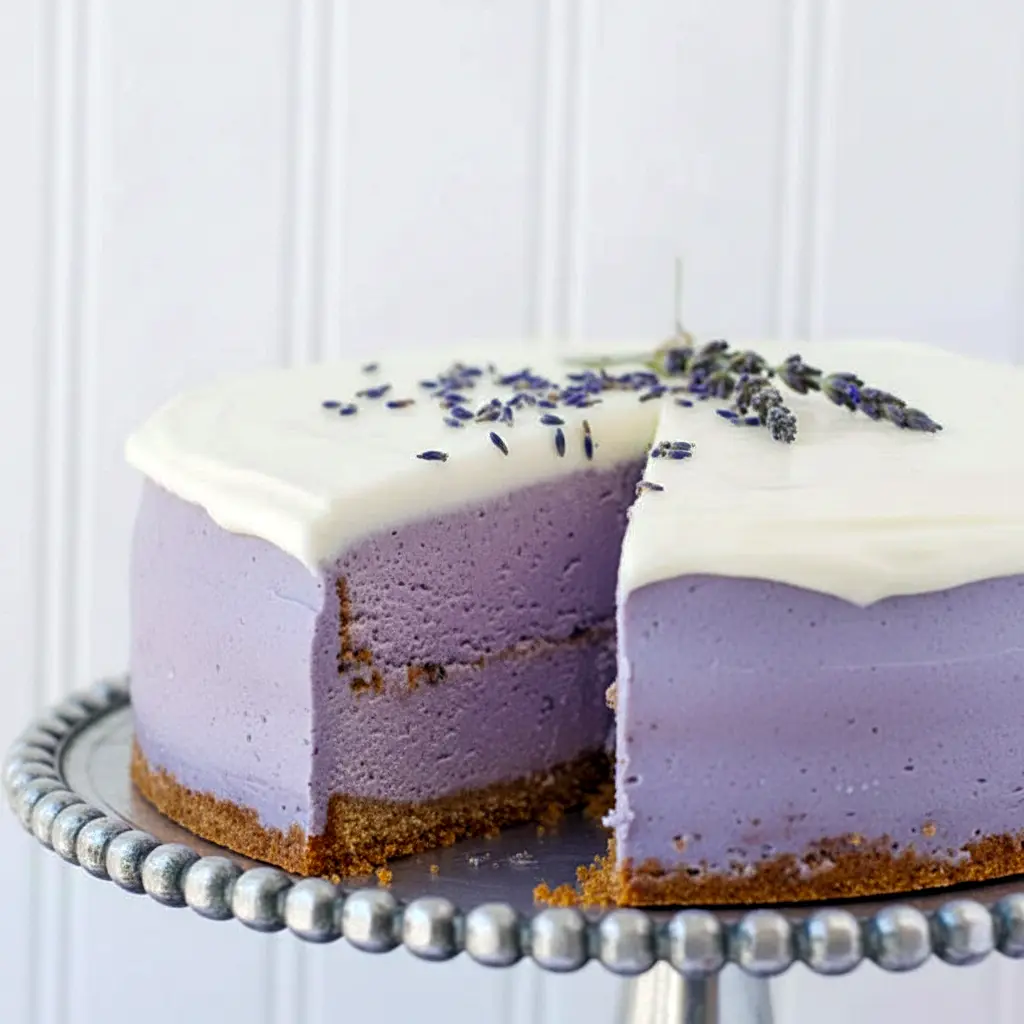 A slice of pale-violet cheesecake drizzled with honey and garnished with basil — a gorgeous Lavender Cheesecake Recipe photo that highlights Recipes Using Creamed Honey, pairs nicely with light Lavender Savory Recipes, and belongs in any Baking Recipes Lavender collection, Honey Lavender Cheesecake.
