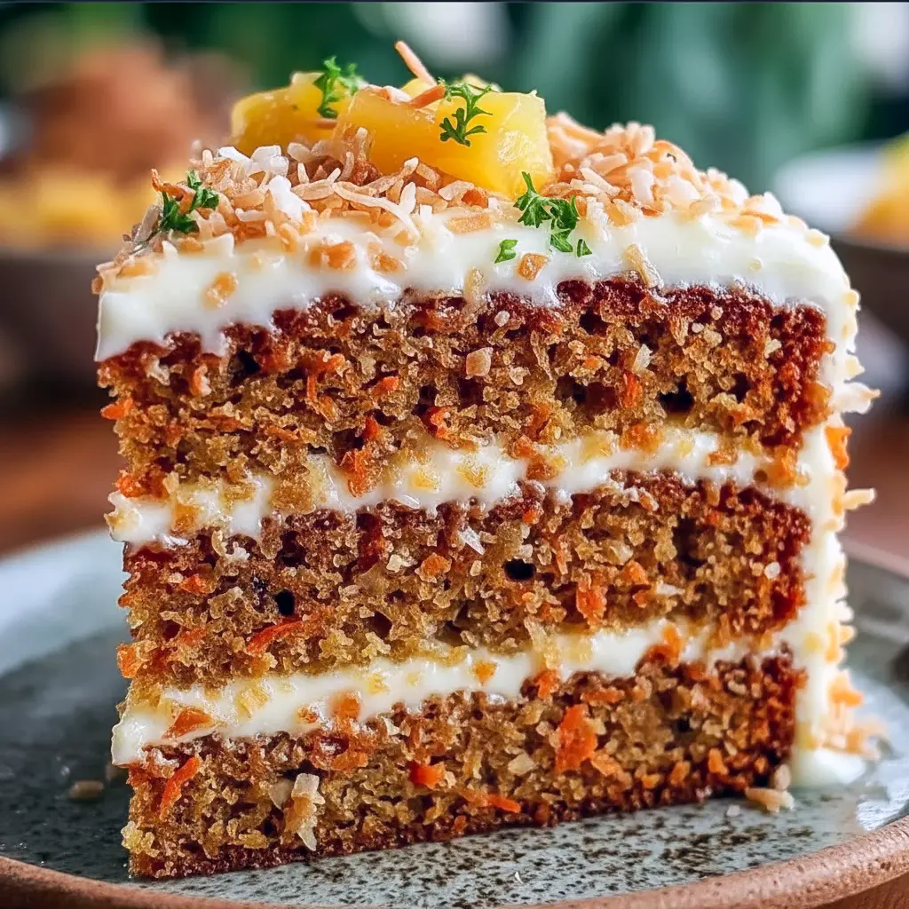 Festive slice of carrot-pineapple cake topped with cream cheese frosting and toasted coconut — Hawaiian Fruit Cake plated for the holidays, a top pick for Baked Cakes and Yummy Christmas Desserts.