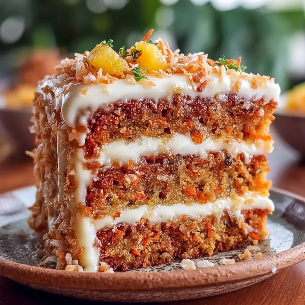 Festive slice of carrot-pineapple cake topped with cream cheese frosting and toasted coconut — Hawaiian Fruit Cake plated for the holidays, a top pick for Baked Cakes and Yummy Christmas Desserts.