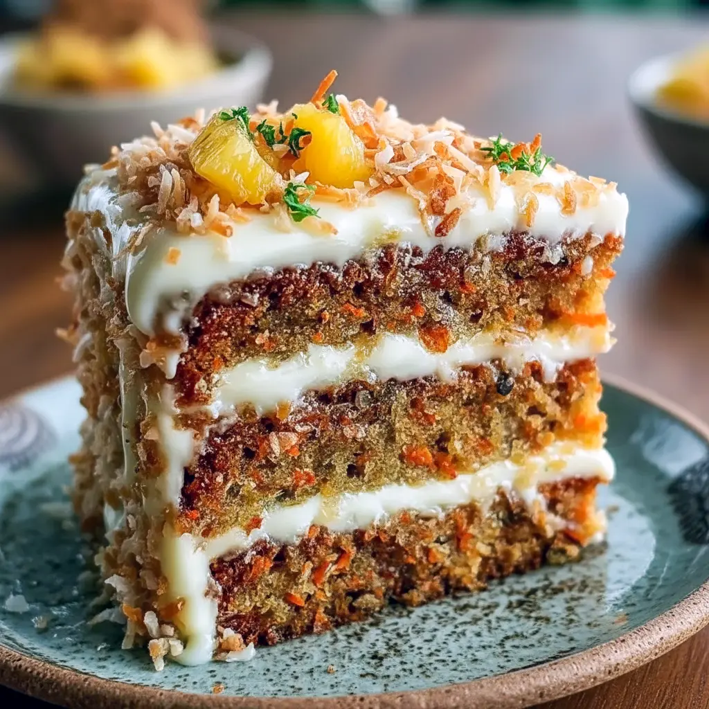 Festive slice of carrot-pineapple cake topped with cream cheese frosting and toasted coconut — Hawaiian Fruit Cake plated for the holidays, a top pick for Baked Cakes and Yummy Christmas Desserts.