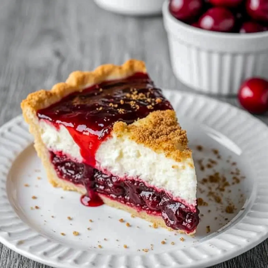 Overhead close-up of a slice of cranberry custard pie on a white plate, showing a glossy cranberry layer, creamy custard, flaky crust, a sprinkle of orange zest, and a dollop of whipped cream, Cranberry Christmas Desserts.