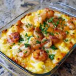 Golden baked casserole of cheesy grits and plump shrimp, topped with melted cheddar and fresh parsley, ready to serve, Baked Shrimp And Grits.