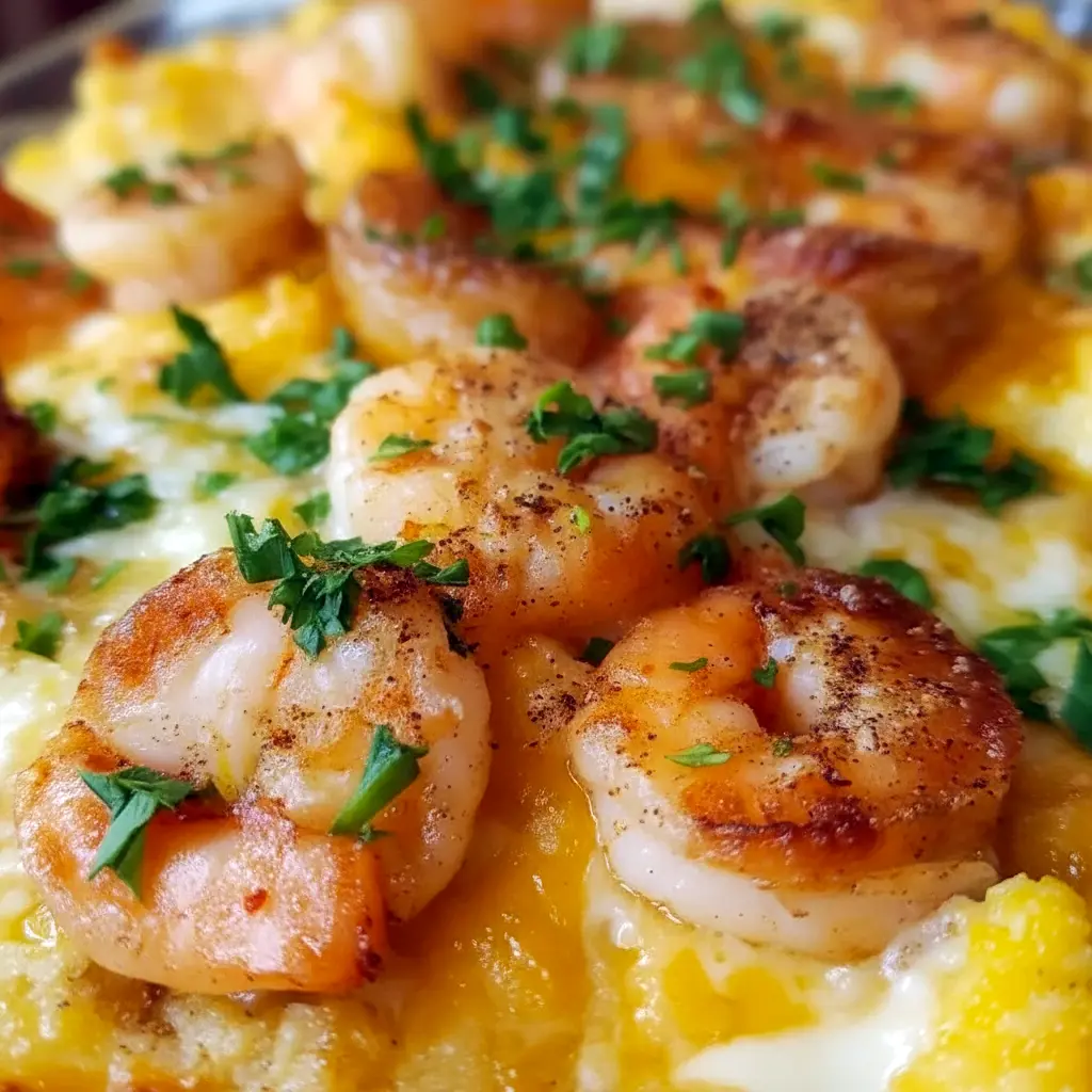 Golden baked casserole of cheesy grits and plump shrimp, topped with melted cheddar and fresh parsley, ready to serve, Baked Shrimp And Grits.