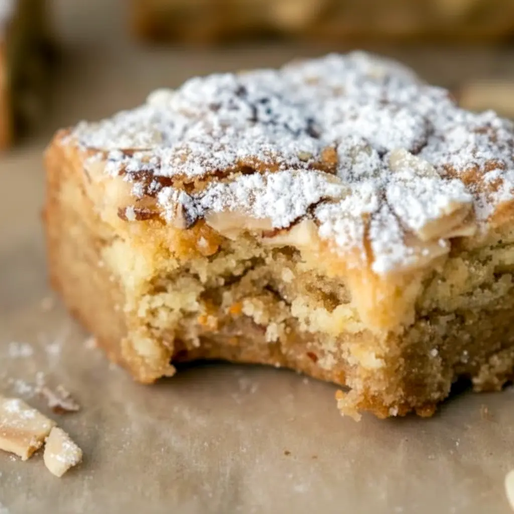 Close-up of golden blondie squares with swirled almond frangipane, toasted sliced almonds, and a light dusting of powdered sugar, Almond Croissant.