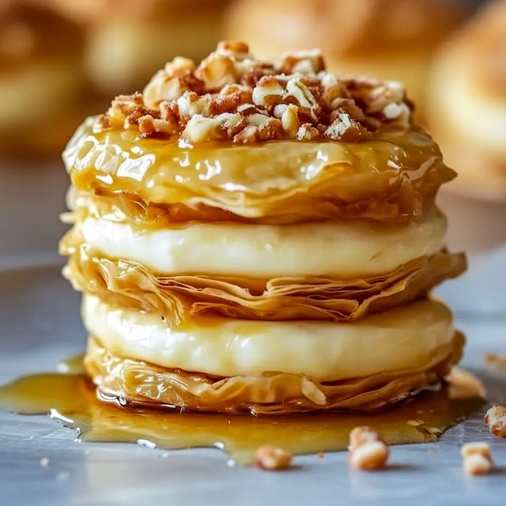 Close-up of golden Desserts With Phyllo Dough cookies: crisp phyllo parcels filled with creamy cheesecake, chopped walnuts, and a glossy honey drizzle.
