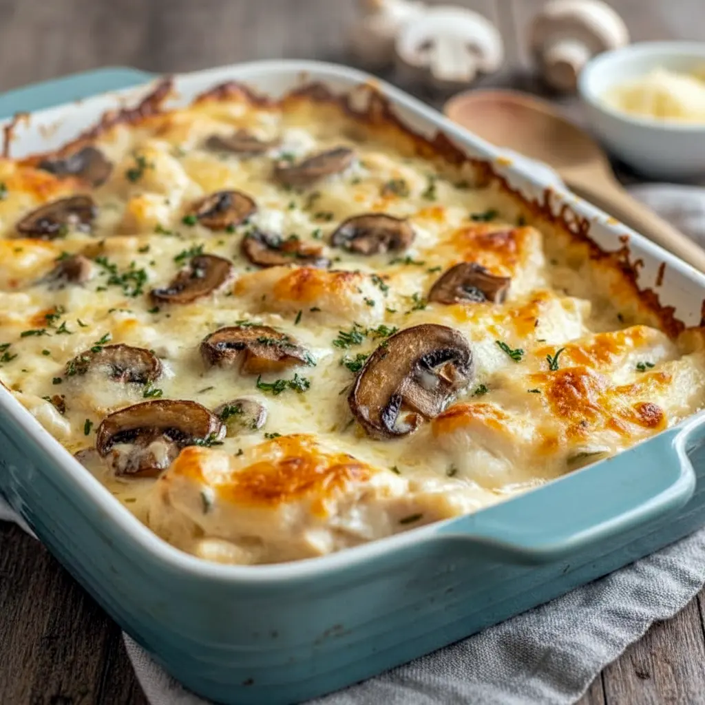 Close-up of a bubbling Keto Casserole with gooey cheese, tender chicken, and sautéed mushrooms — a tasty Healthy Low Carb Dinners pick and satisfying Low Carb Chicken meal.