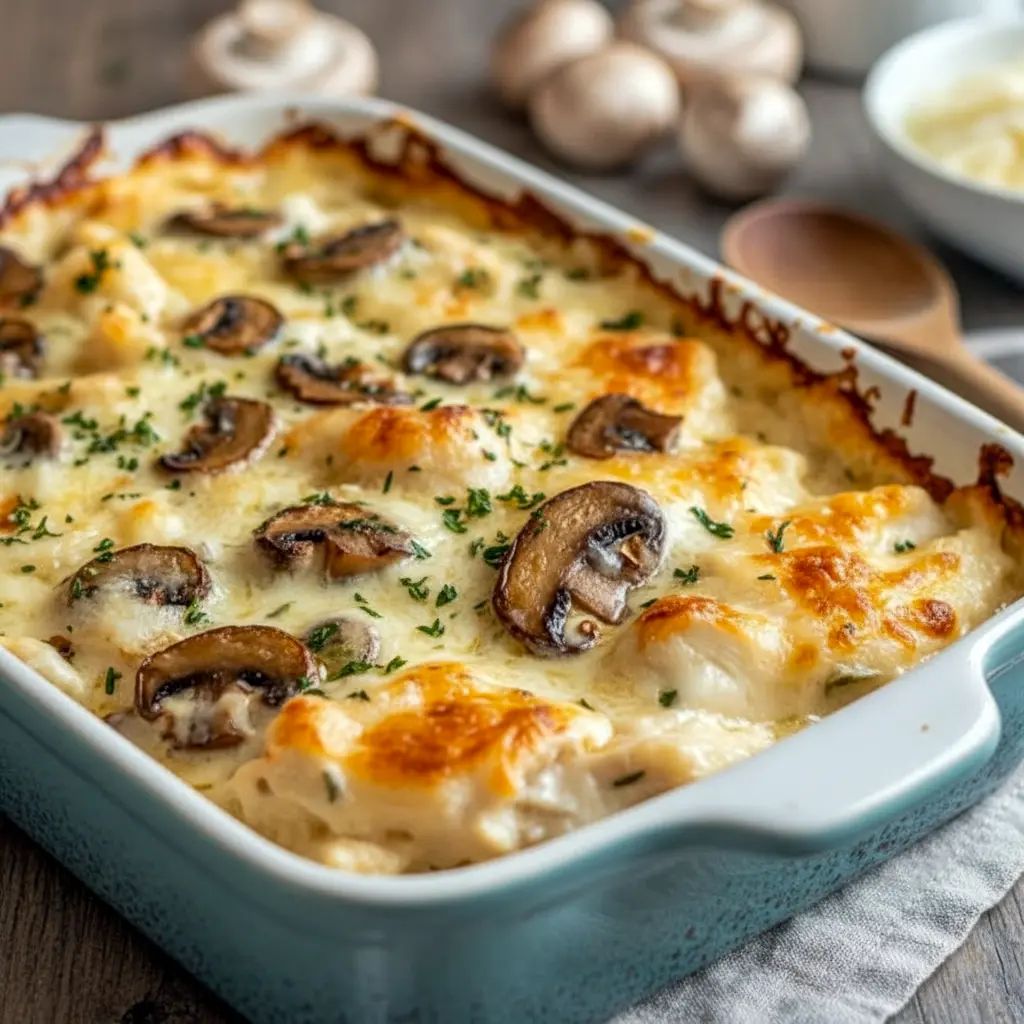 Close-up of a bubbling Keto Casserole with gooey cheese, tender chicken, and sautéed mushrooms — a tasty Healthy Low Carb Dinners pick and satisfying Low Carb Chicken meal.