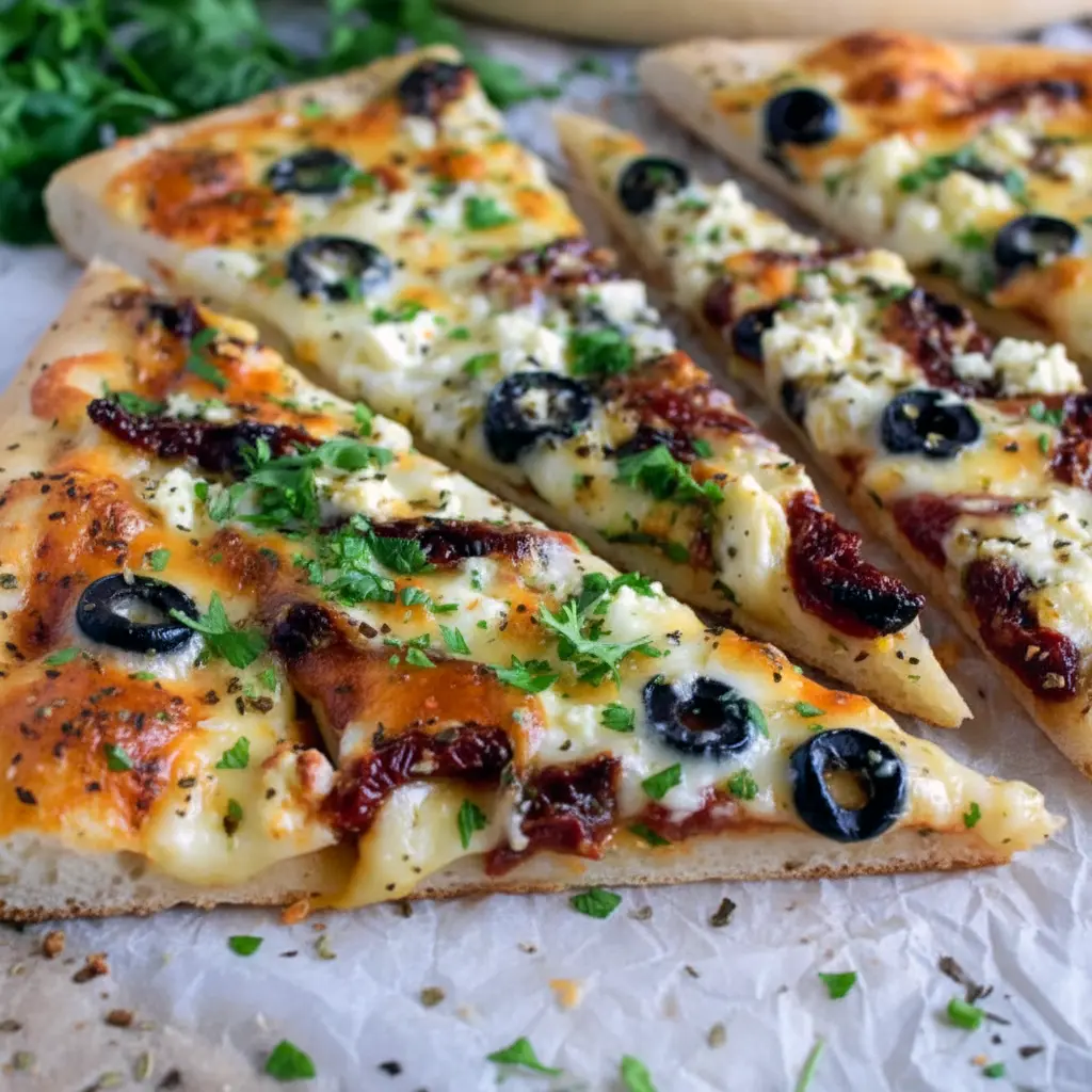 Golden, thin flatbread topped with melted mozzarella, sun-dried tomatoes, black olives, and crumbled feta — a no-fuss Mediterranean Flatbread Recipe Without Yeast (also great among other Mediterranean Flat Bread Recipes) that’s perfect for Mediterranean Flatbread Pizza Recipes; a quick guide on How To Make Mediterranean Flatbread accompanies the pin, Homemade Mediterranean Flatbread.
