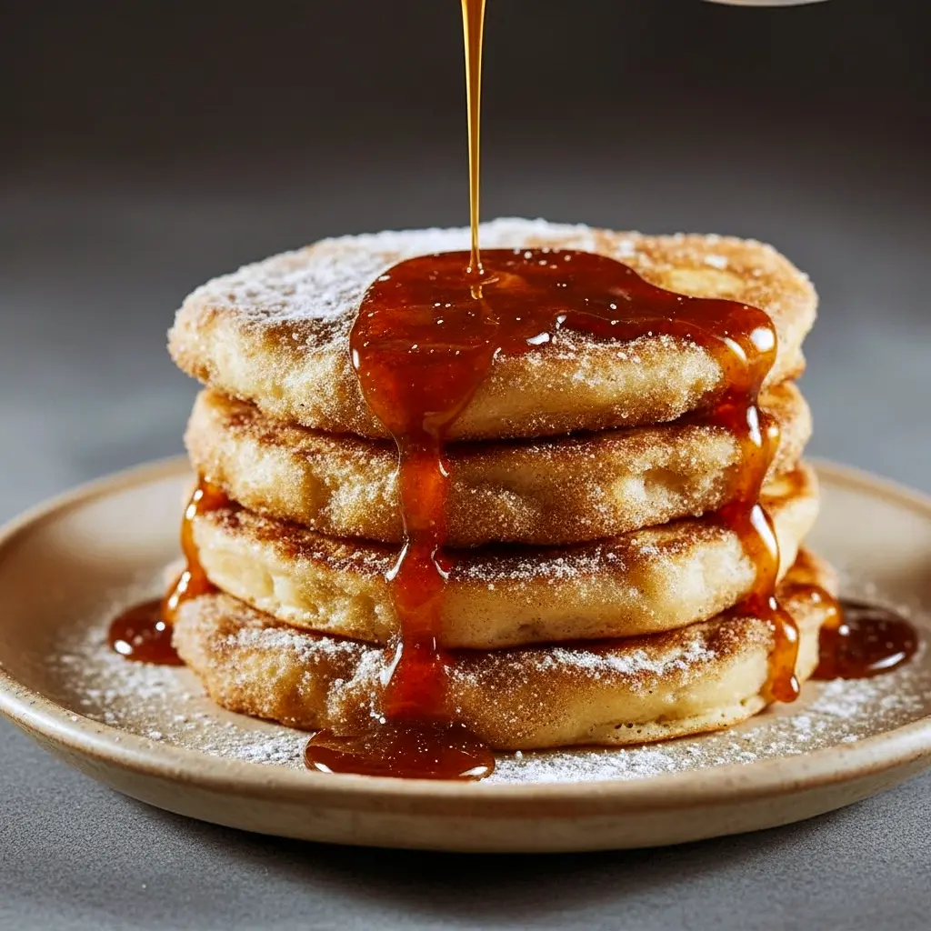 Stack of golden Crunchy Pancakes dusted in cinnamon sugar, topped with pistachios for a Baklava Pancakes flair, served next to a small carafe from a curated Breakfast Drink Recipes pairing, Decadent Breakfast.