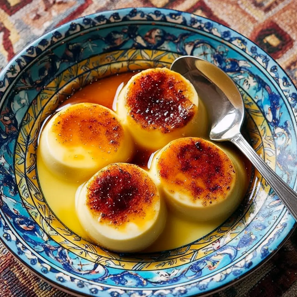 Creamy Thai coconut custard in a ramekin, topped with toasted coconut flakes and a mango slice, Coconut Custard Recipe.