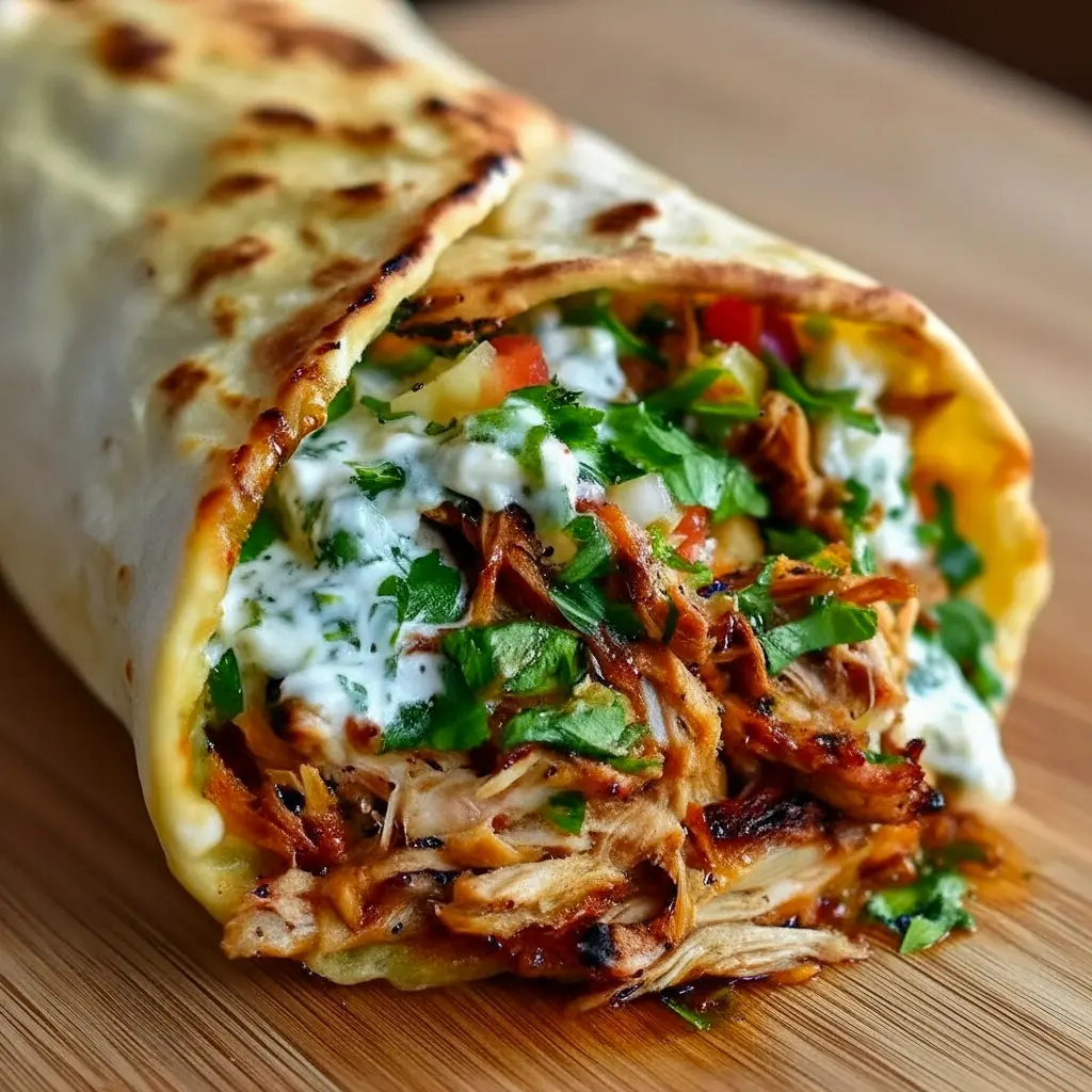 Juicy Chicken Shawarma sliced thin, piled into a pita with tomatoes, cucumbers, and a drizzle of garlic sauce.