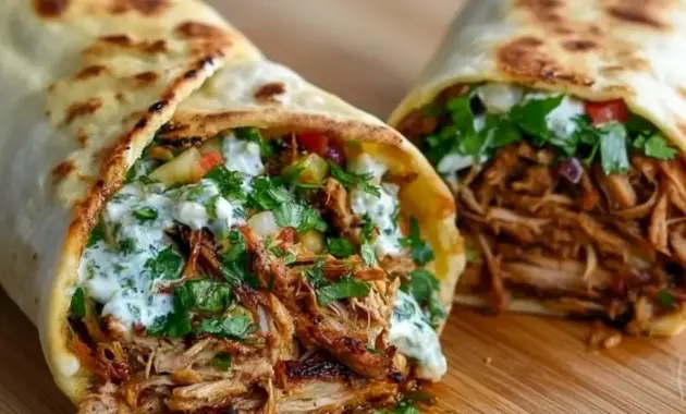 Juicy Chicken Shawarma sliced thin, piled into a pita with tomatoes, cucumbers, and a drizzle of garlic sauce.