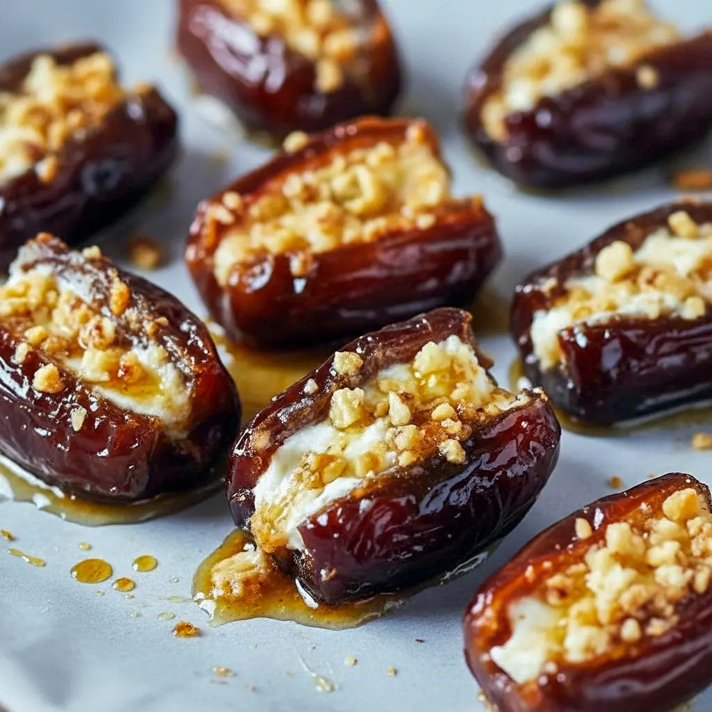 Close-up of warm mascarpone-stuffed dates topped with chopped pecans and maple, styled on a platter as elegant Wine Tasting Snacks and Fall Tapas, evoking caramelized Roasted Stuffed Dates or sparkly Sugared Dates, Date Appetizer Ideas.