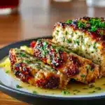 Melt In Your Mouth Garlic Parmesan Chicken Meatloaf Recipe sliced on a plate with mashed potatoes and a parsley sprinkle.