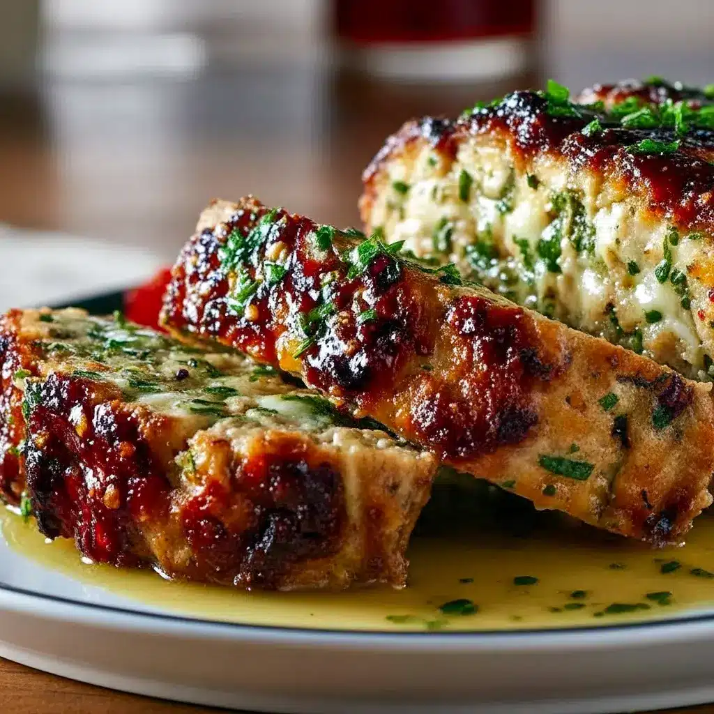 Melt In Your Mouth Garlic Parmesan Chicken Meatloaf Recipe sliced on a plate with mashed potatoes and a parsley sprinkle.